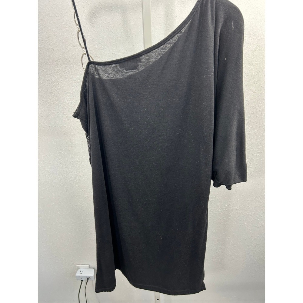 MKM Designs Womens One Shoulder Graphic Top Black Silver Ring Strap Asymmetric